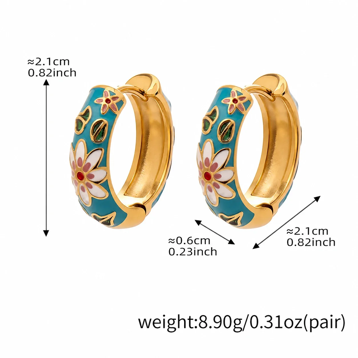 Artful 18K Gold-Plated Enamel Floral Huggie Hoop Earrings - Blue Enamel Floral