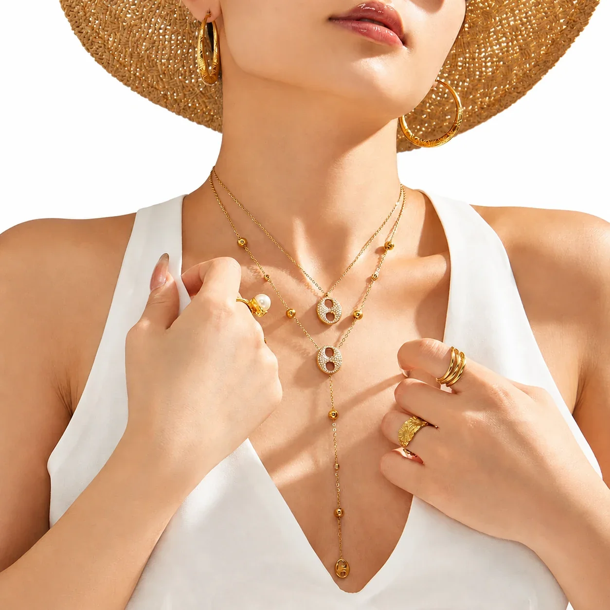 Pavé Circle & Bead 18K Gold-Plated 316L Y Necklace
