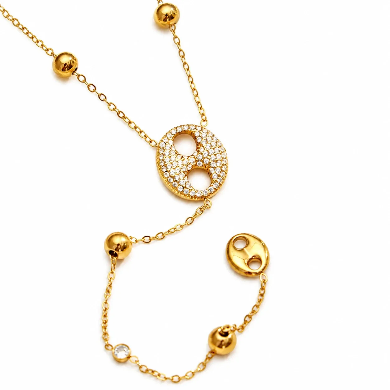 Pavé Circle & Bead 18K Gold-Plated 316L Y Necklace
