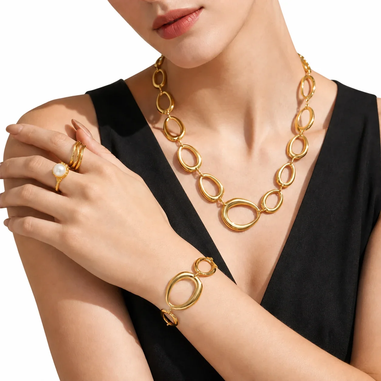 Oversized 18K Gold-Plated Oval Link 316 Jewelry Set