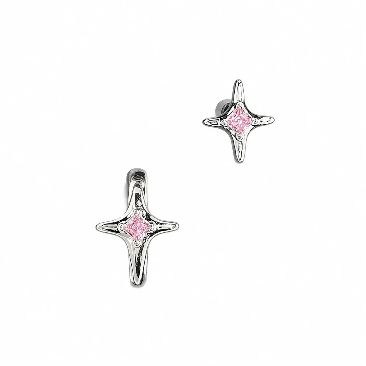Celestial 316 Stainless Steel Star CZ Huggie Earrings - Pink Mist Star Straight Huggie Single