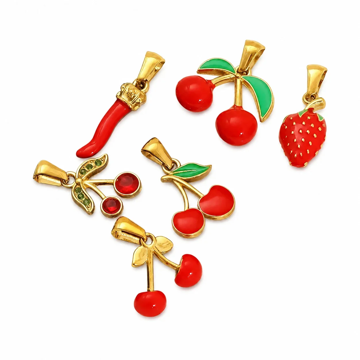 Whimsical Stainless Steel Gold-Tone Enamel Strawberry Cherry Pendant