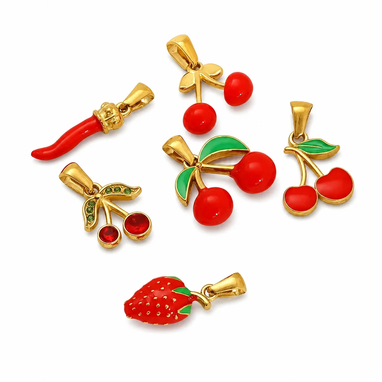 Whimsical Stainless Steel Gold-Tone Enamel Strawberry Cherry Pendant