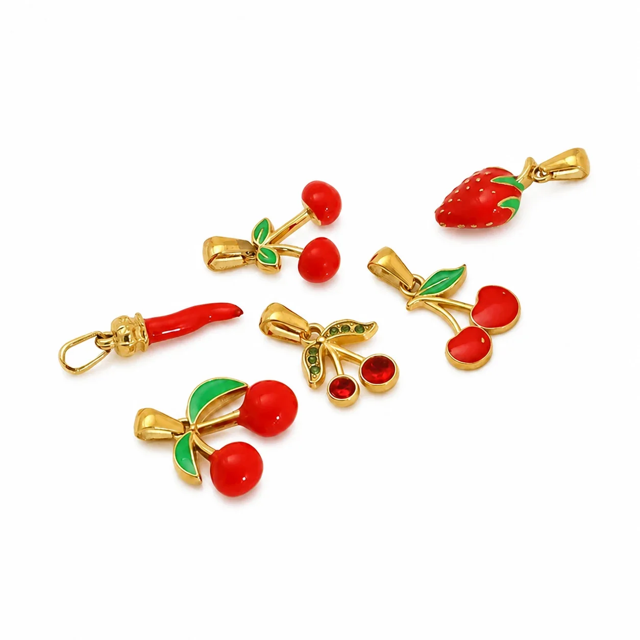 Whimsical Stainless Steel Gold-Tone Enamel Strawberry Cherry Pendant