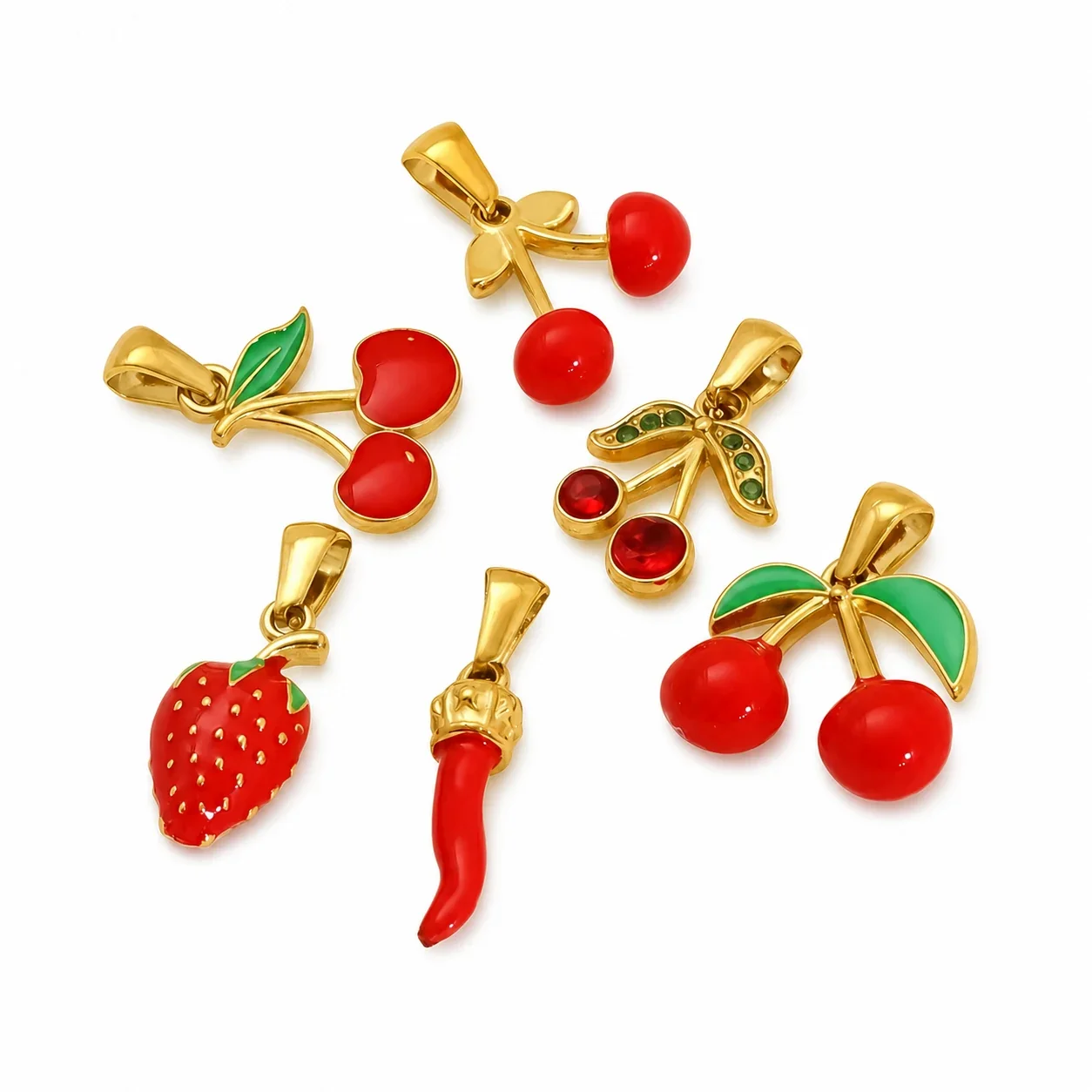 Whimsical Stainless Steel Gold-Tone Enamel Strawberry Cherry Pendant