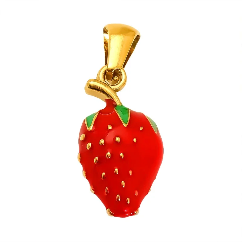 Whimsical Stainless Steel Gold-Tone Enamel Strawberry Cherry Pendant