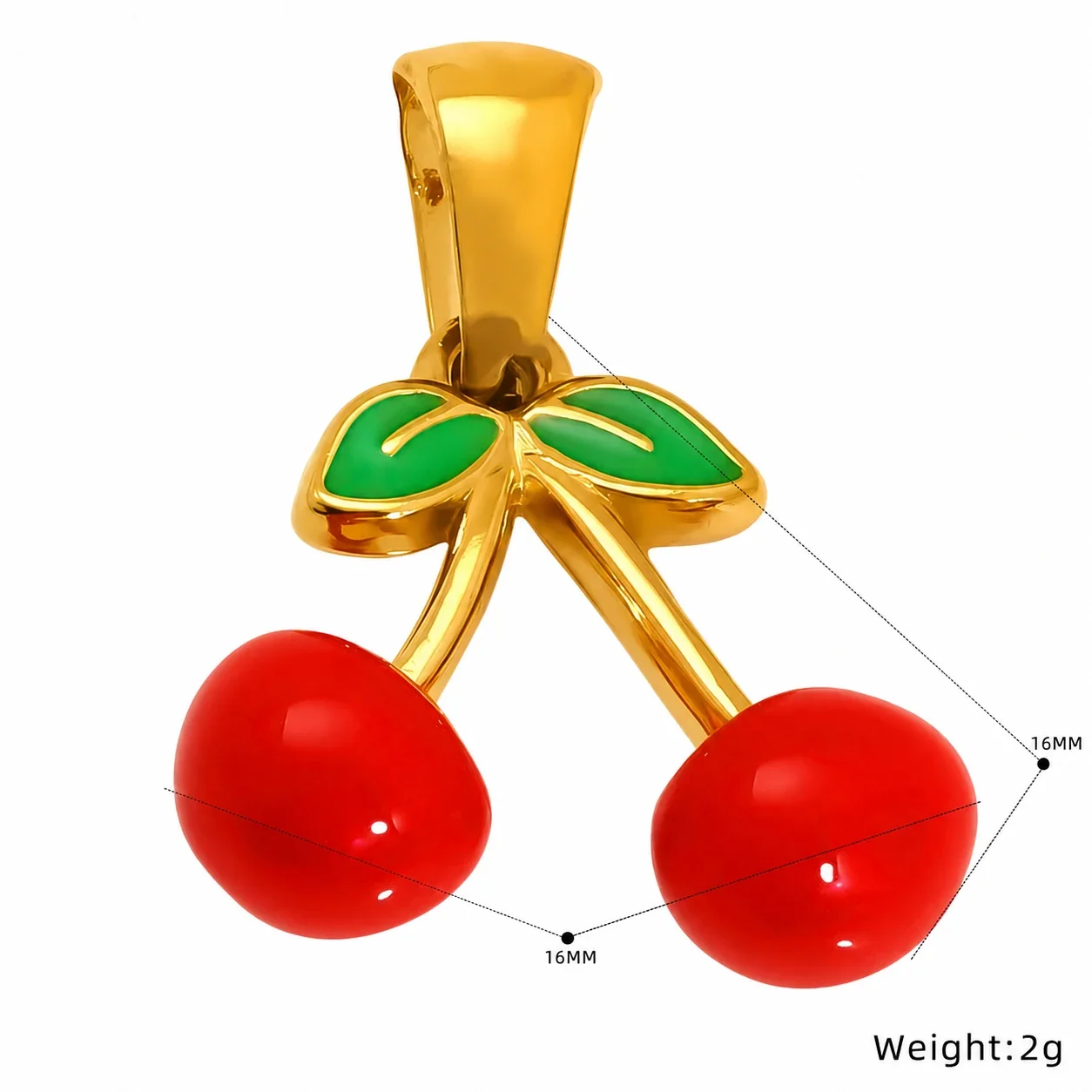 Whimsical Stainless Steel Gold-Tone Enamel Strawberry Cherry Pendant - Gold-Tone Cherry Leaf