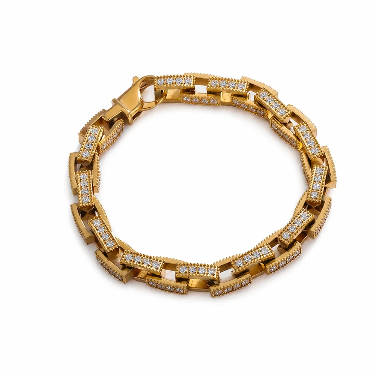 Bold 316 Stainless CZ Rectangle Link Chain Bracelet - Gold CZ