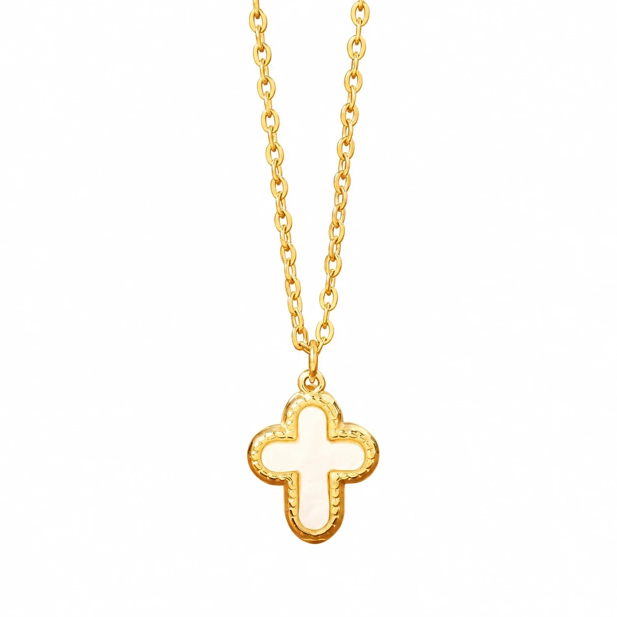 Cross Necklace, White Inlay, 18K Gold-Plated 316 Stainless Steel