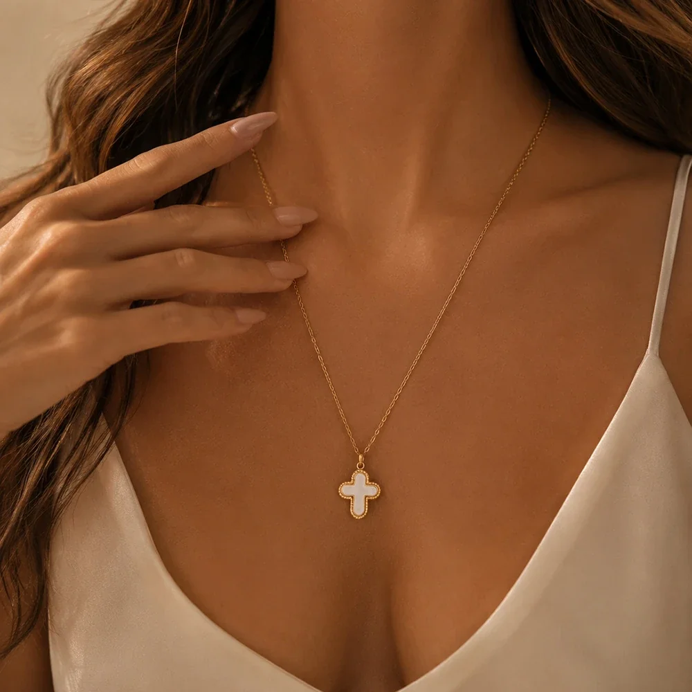 Cross Necklace, White Inlay, 18K Gold-Plated 316 Stainless Steel