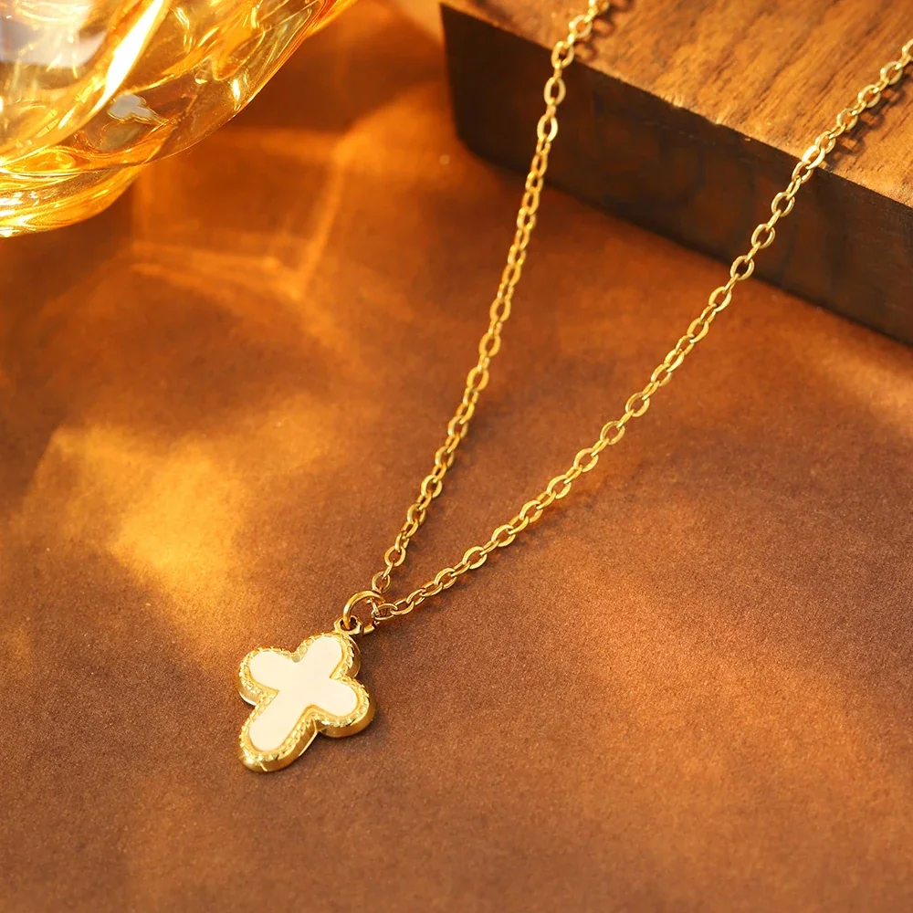 Cross Necklace, White Inlay, 18K Gold-Plated 316 Stainless Steel