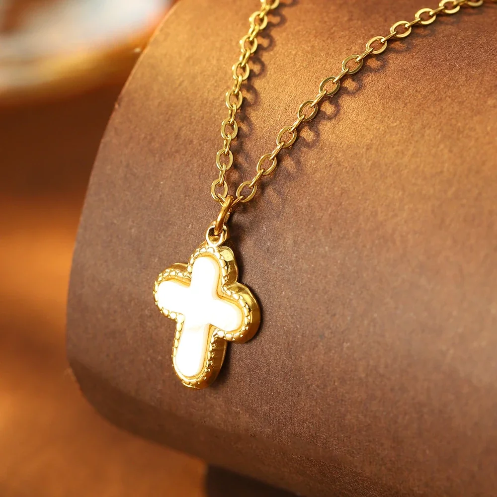 Cross Necklace, White Inlay, 18K Gold-Plated 316 Stainless Steel