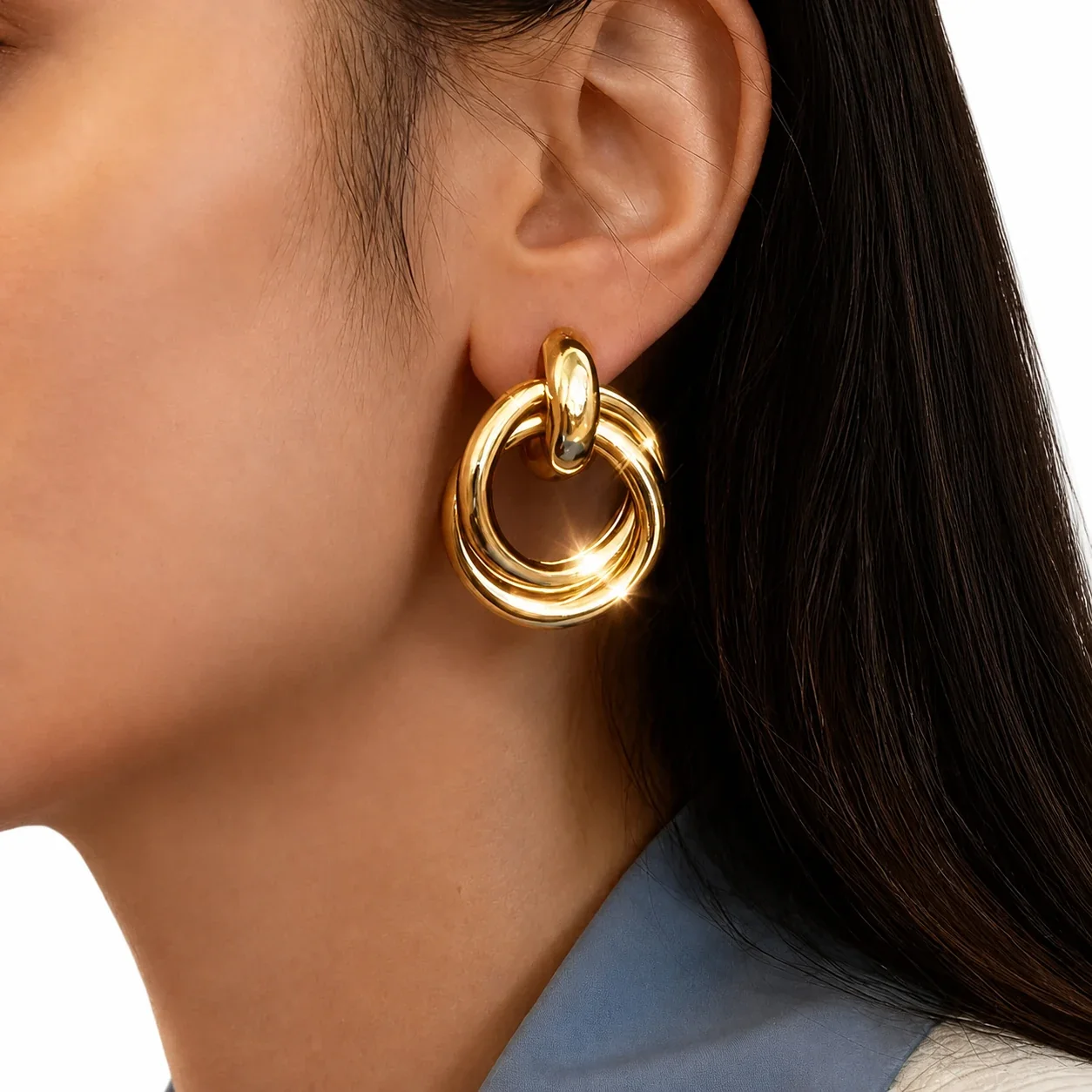Photo produit : Boucles d'oreilles acier inoxydable 316 PVD doré à nœud multi-anneaux
