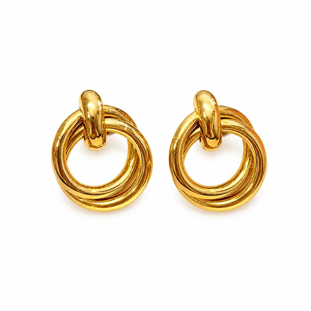 Photo produit : Boucles d'oreilles acier inoxydable 316 PVD doré à nœud multi-anneaux