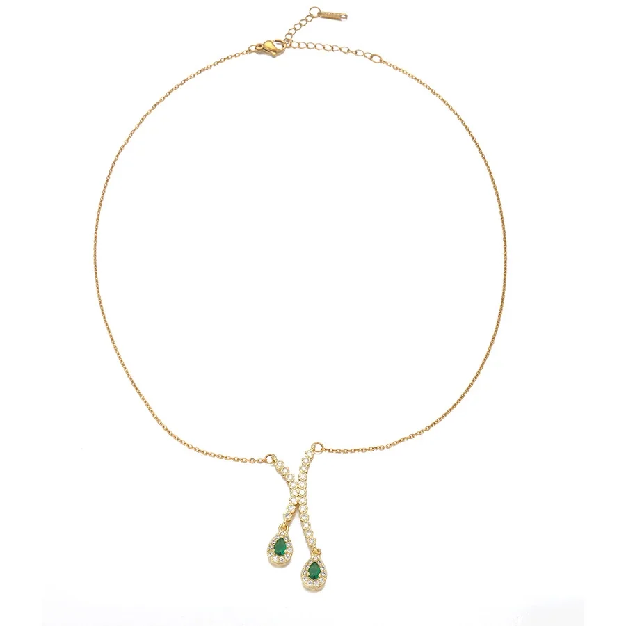 Pendant Necklace with Pavé X and Teardrop CZ, Gold-Plated Steel