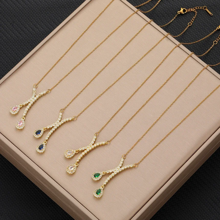 Pendant Necklace with Pavé X and Teardrop CZ, Gold-Plated Steel
