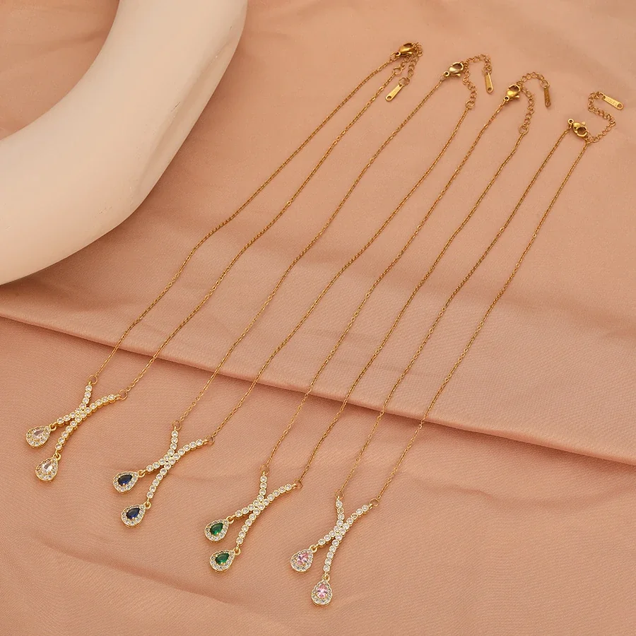Pendant Necklace with Pavé X and Teardrop CZ, Gold-Plated Steel
