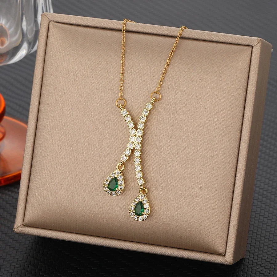 Pendant Necklace with Pavé X and Teardrop CZ, Gold-Plated Steel