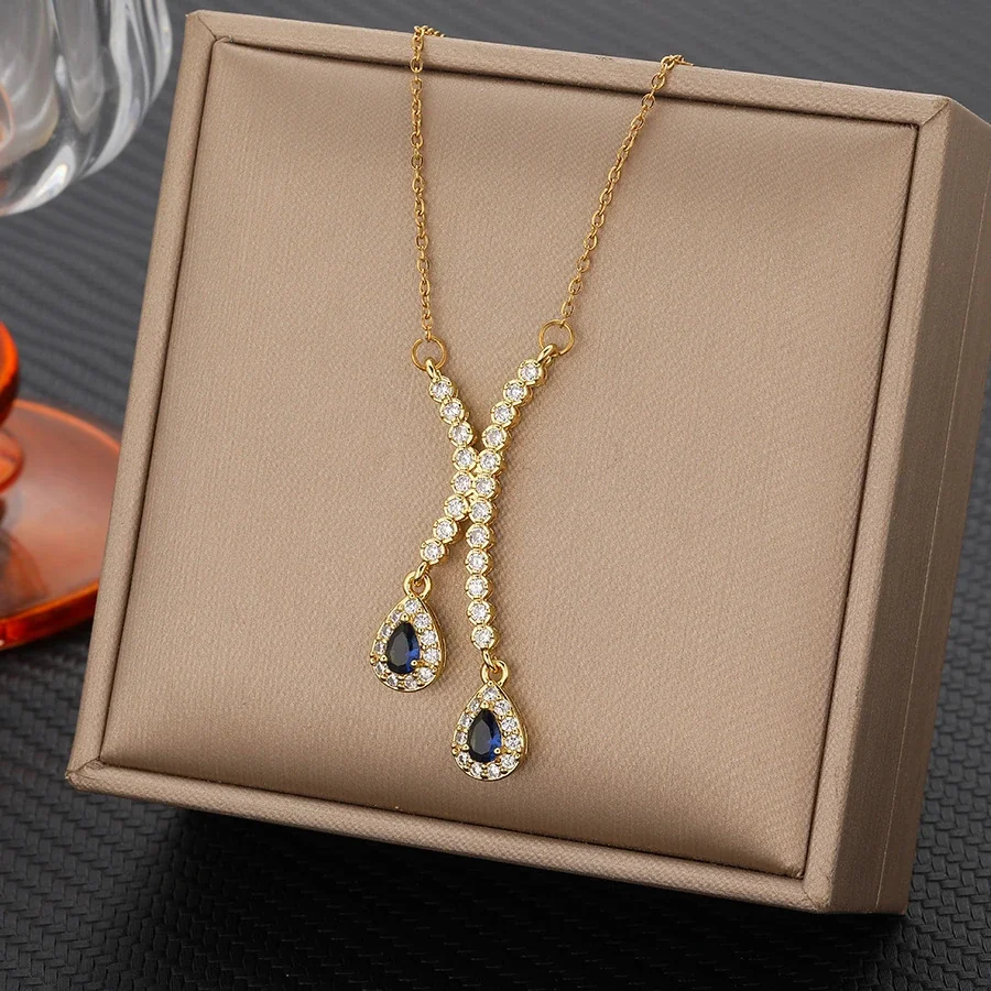 Pendant Necklace with Pavé X and Teardrop CZ, Gold-Plated Steel