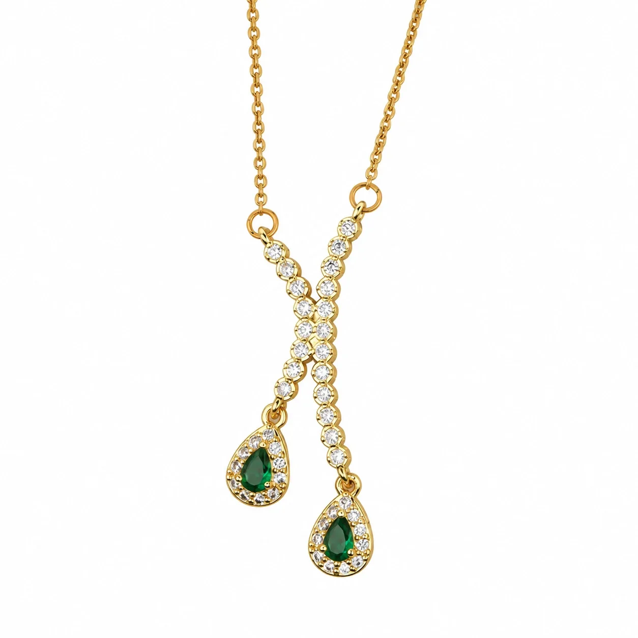 Pendant Necklace with Pavé X and Teardrop CZ, Gold-Plated Steel - Green Cubic Zirconia