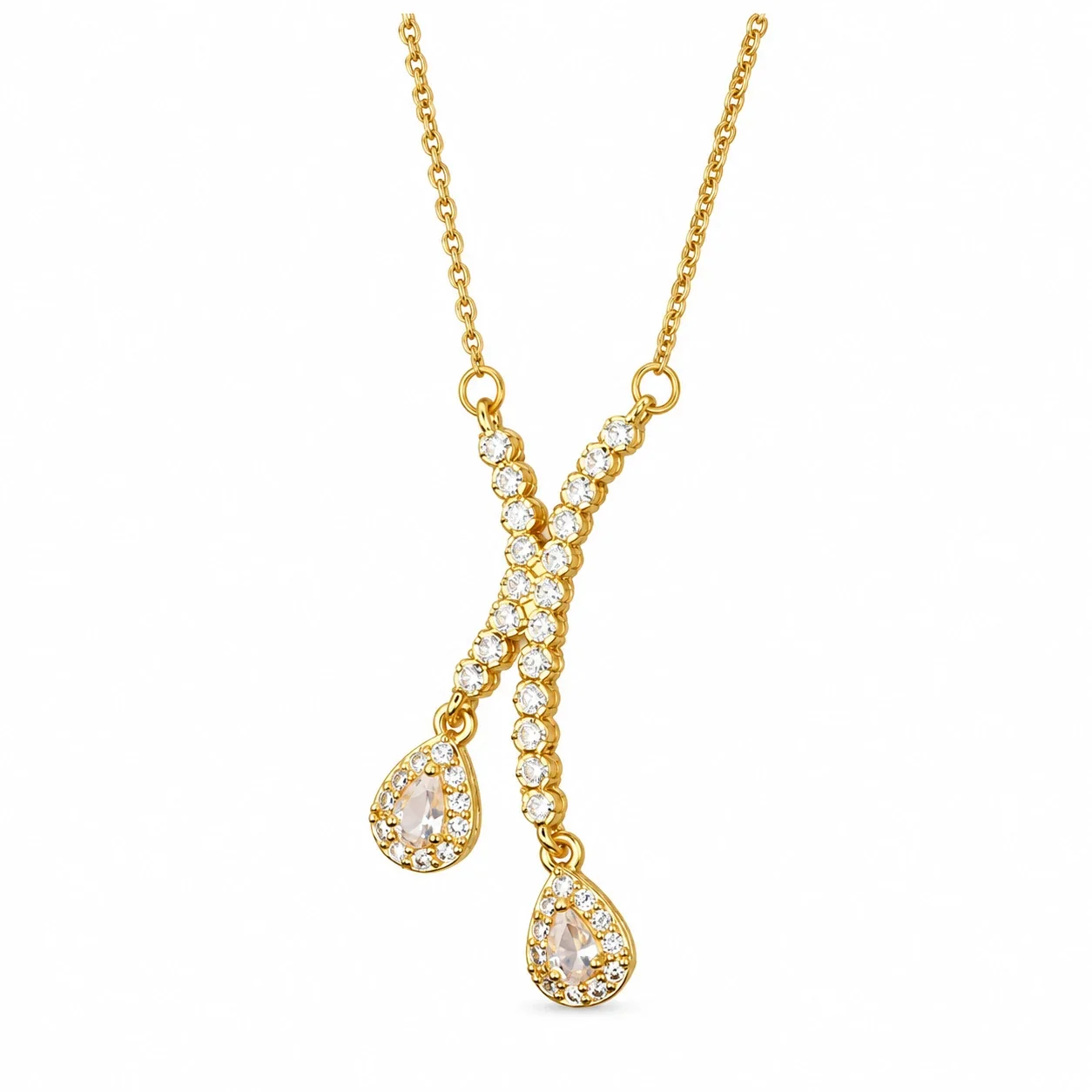 Pendant Necklace with Pavé X and Teardrop CZ, Gold-Plated Steel - Clear Cubic Zirconia