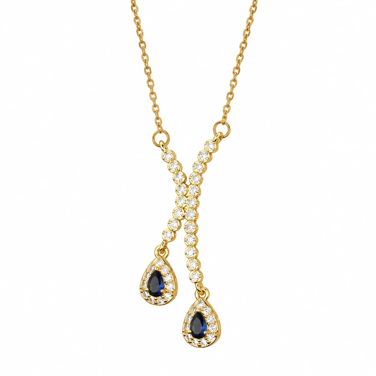 Pendant Necklace with Pavé X and Teardrop CZ, Gold-Plated Steel - Blue Cubic Zirconia