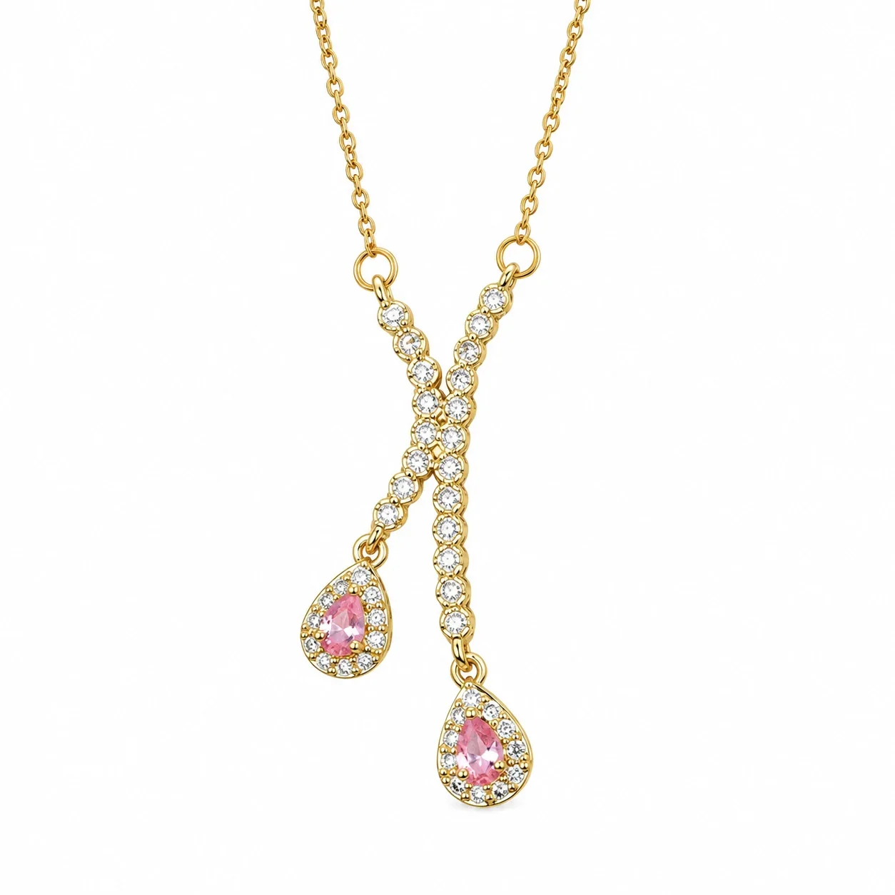 Pendant Necklace with Pavé X and Teardrop CZ, Gold-Plated Steel - Pink Cubic Zirconia