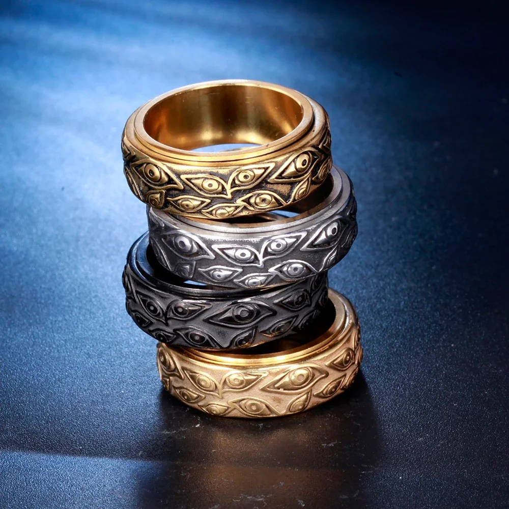 Eye Motif Spinner Ring, Wide Band, Stainless Steel