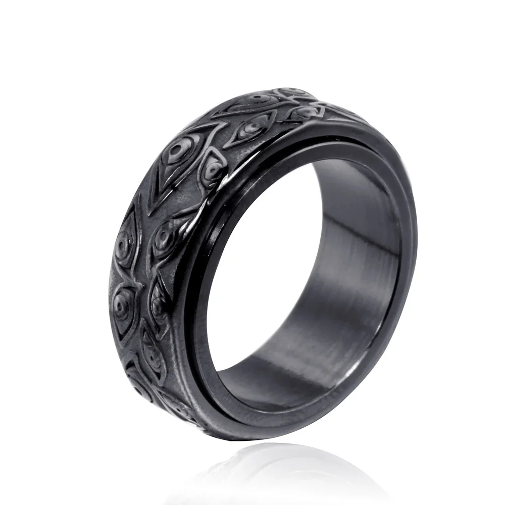 Eye Motif Spinner Ring, Wide Band, Stainless Steel - Black