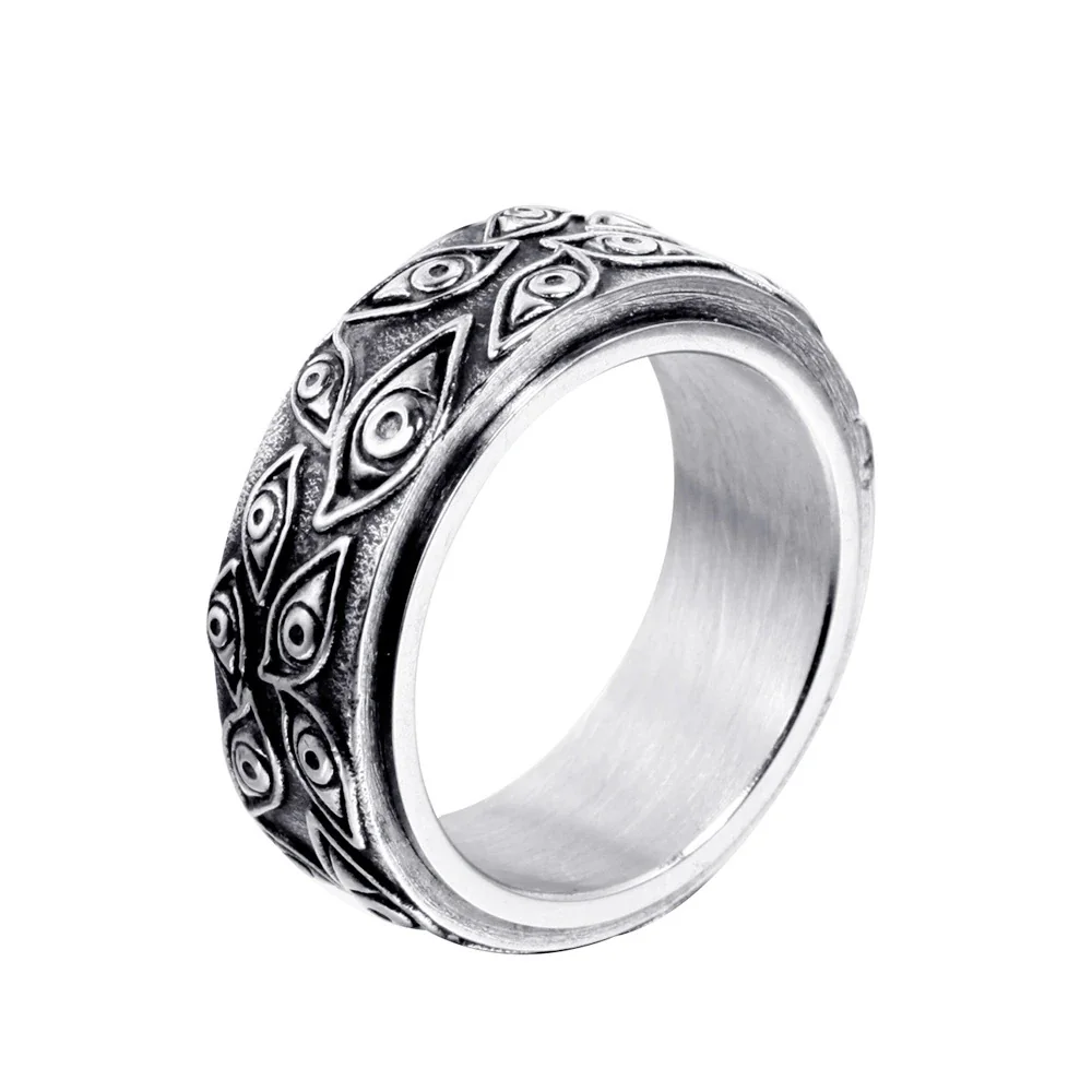 Eye Motif Spinner Ring, Wide Band, Stainless Steel - Silver