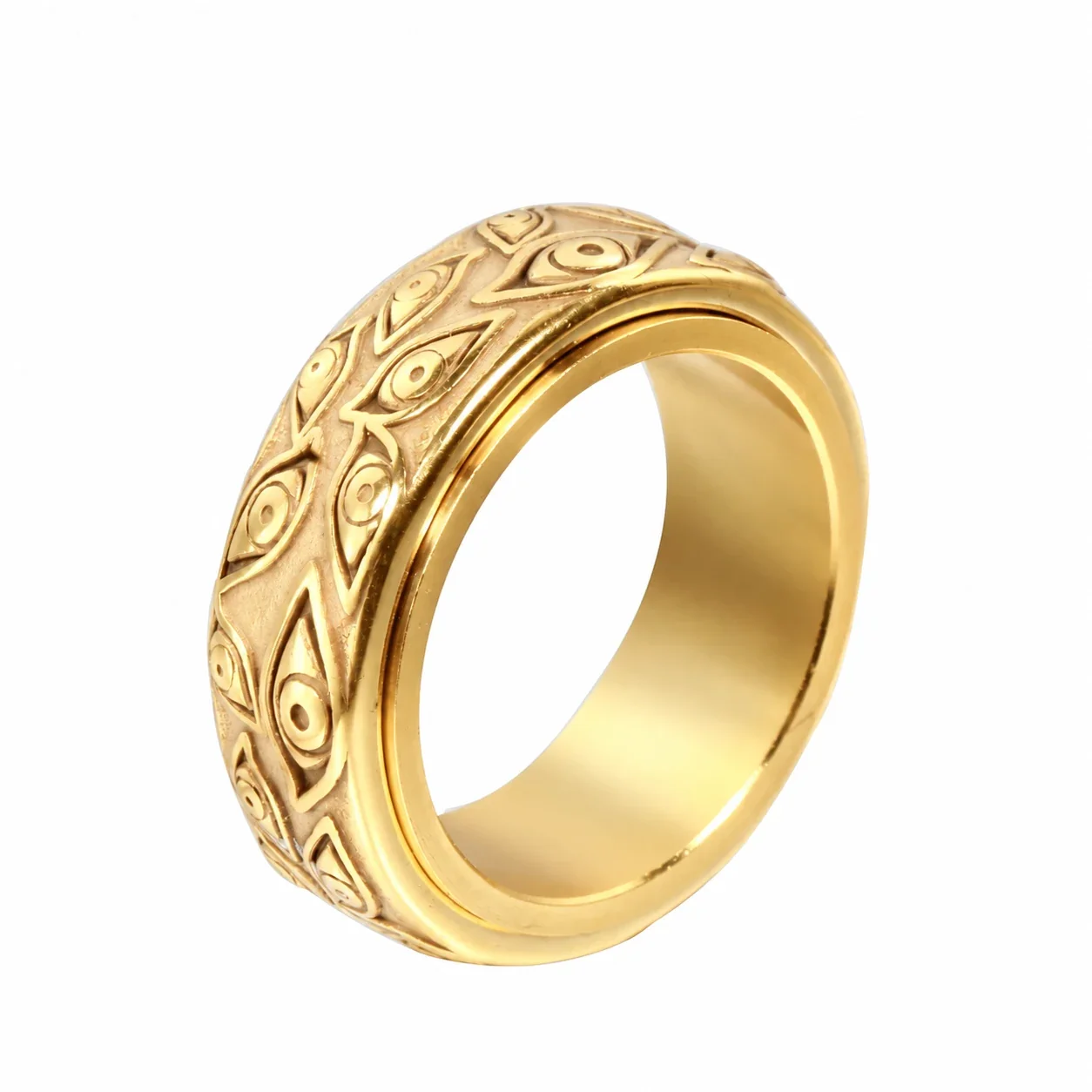 Eye Motif Spinner Ring, Wide Band, Stainless Steel - Gold