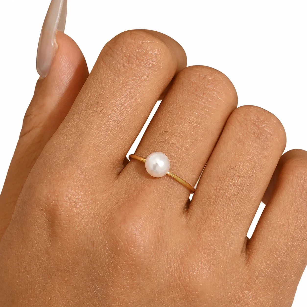 Delicate Stainless Steel Slim Pearl Solitaire Ring