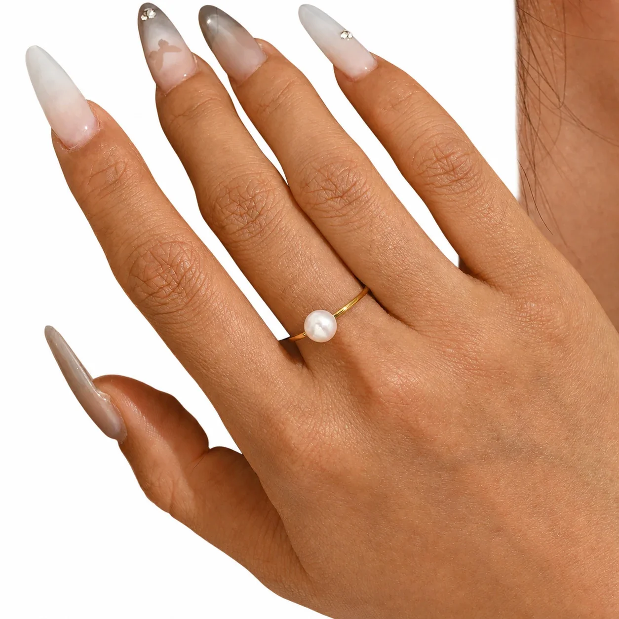 Delicate Stainless Steel Slim Pearl Solitaire Ring