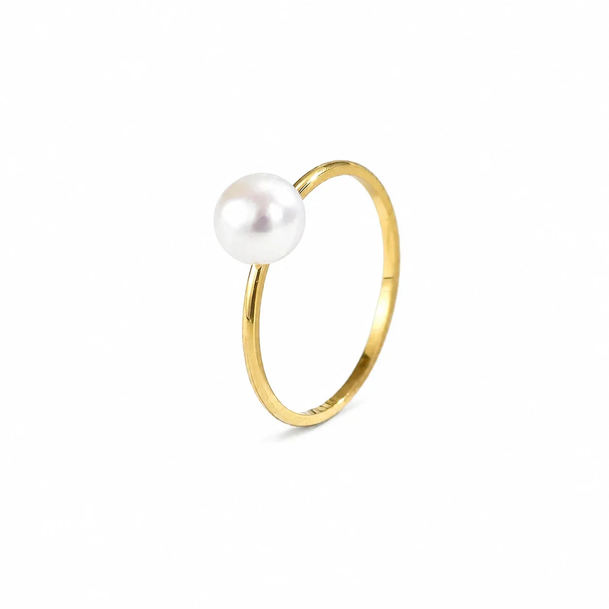 Delicate Stainless Steel Slim Pearl Solitaire Ring - Gold