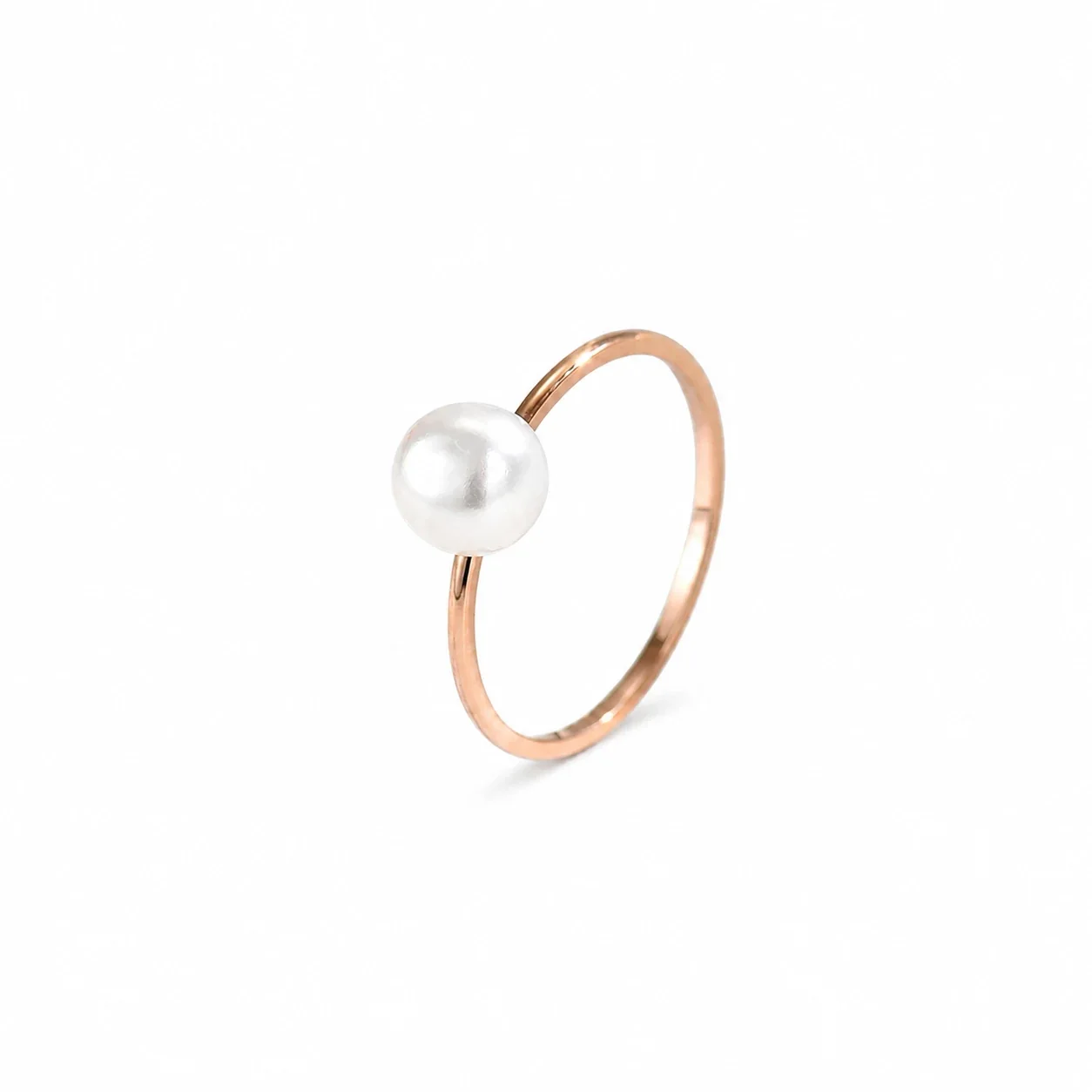 Delicate Stainless Steel Slim Pearl Solitaire Ring - Rose Gold
