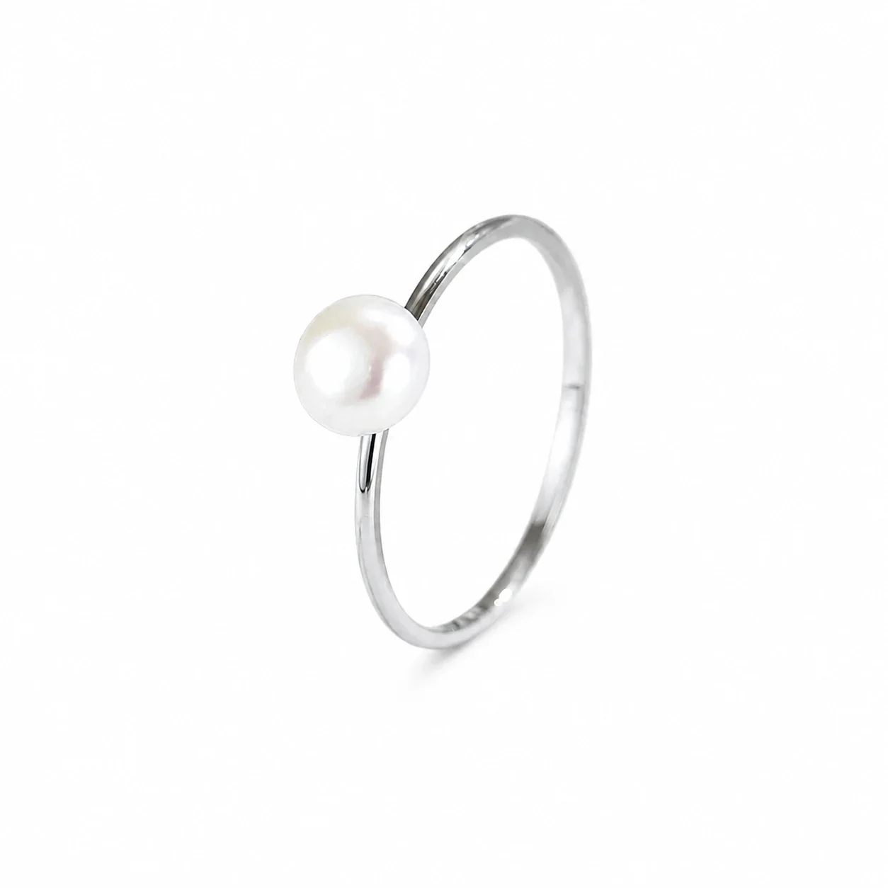 Delicate Stainless Steel Slim Pearl Solitaire Ring - Silver