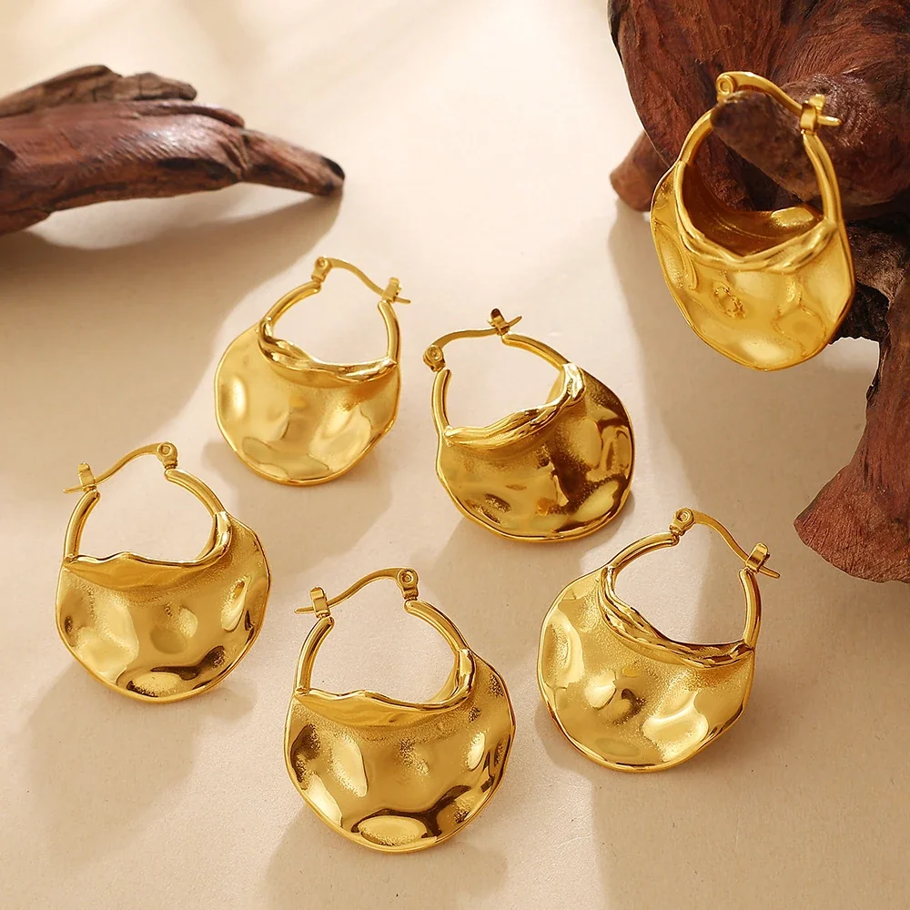 Hammered Drop Hoop Earrings, 18K Gold-Plated Stainless Steel