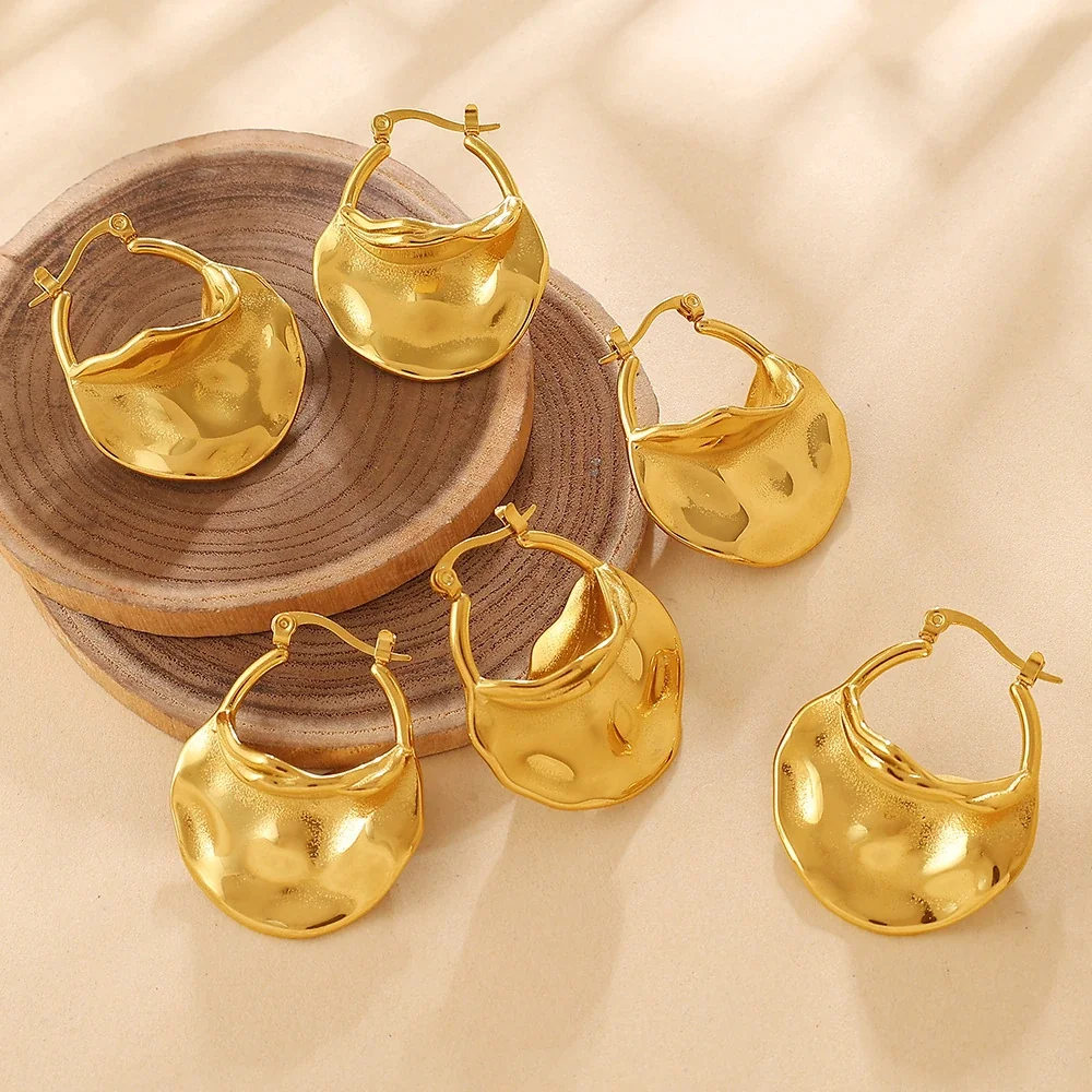 Hammered Drop Hoop Earrings, 18K Gold-Plated Stainless Steel