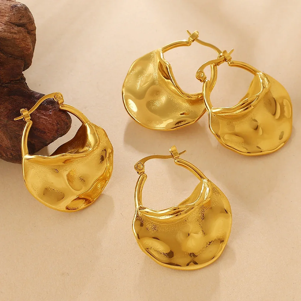 Hammered Drop Hoop Earrings, 18K Gold-Plated Stainless Steel