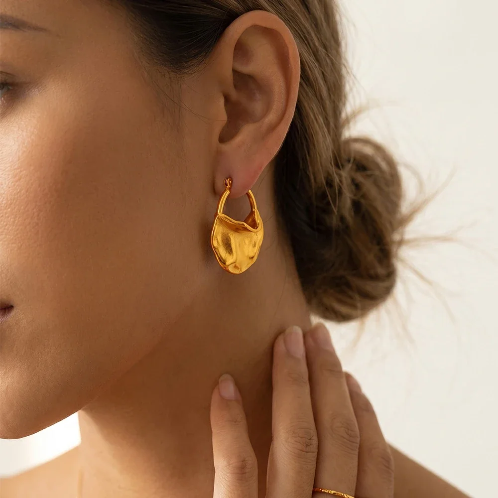 Hammered Drop Hoop Earrings, 18K Gold-Plated Stainless Steel