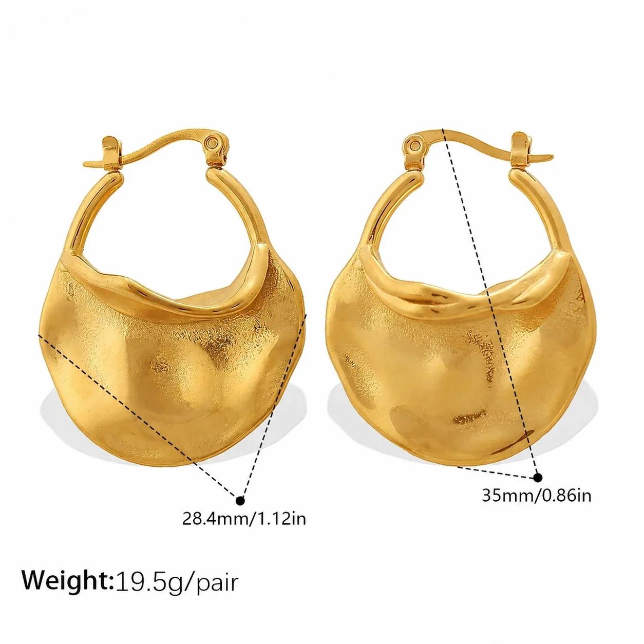 Hammered Drop Hoop Earrings, 18K Gold-Plated Stainless Steel - Gold