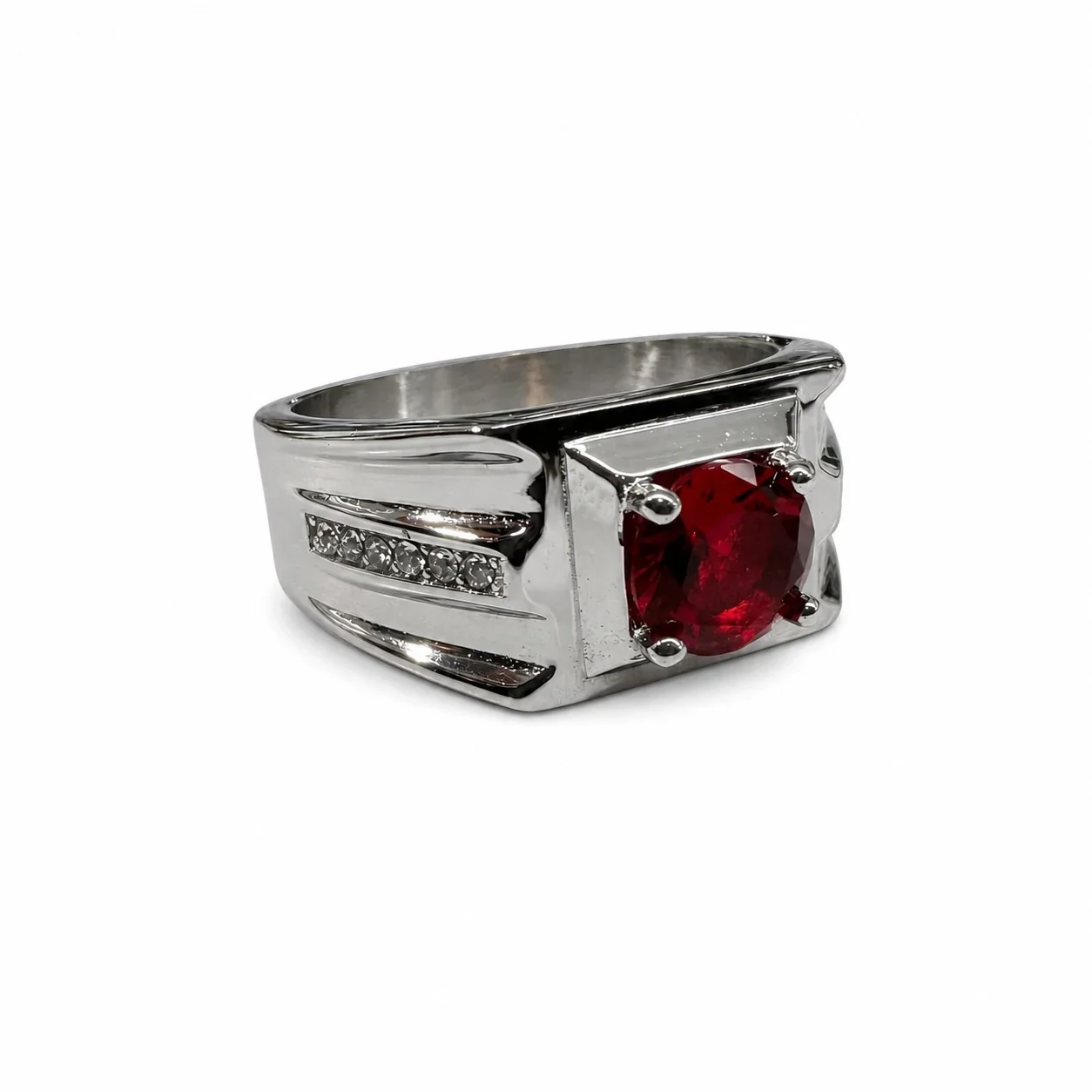 Bold 316 Stainless Steel Round-Cut Signet Ring - Red