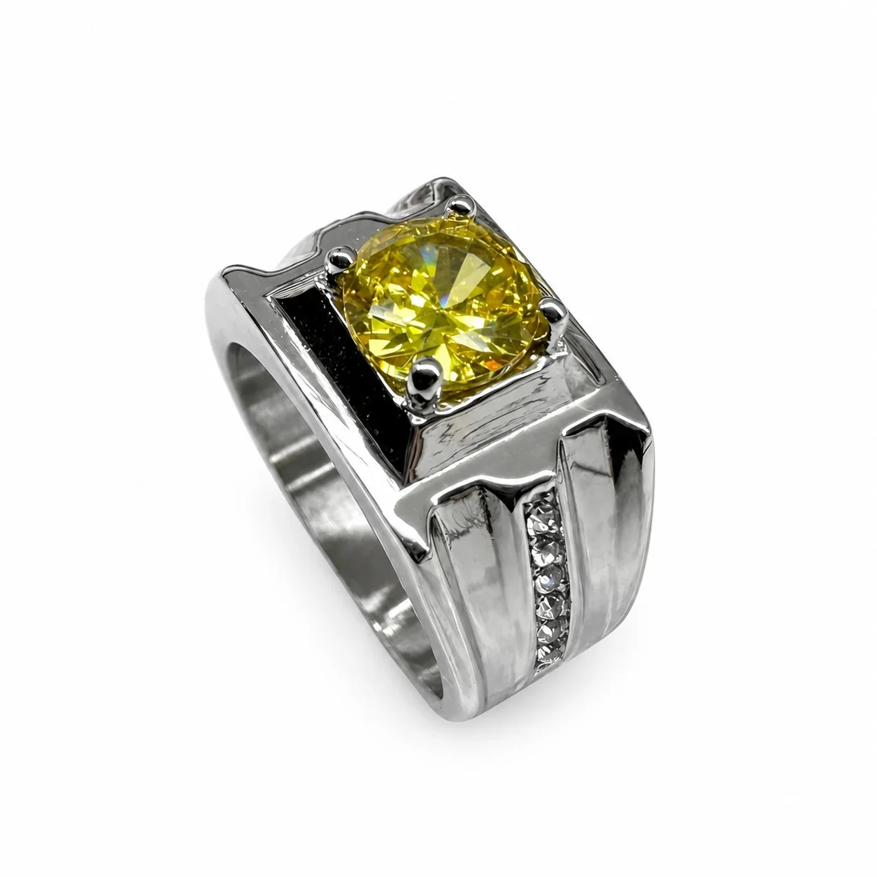 Bold 316 Stainless Steel Round-Cut Signet Ring - Yellow