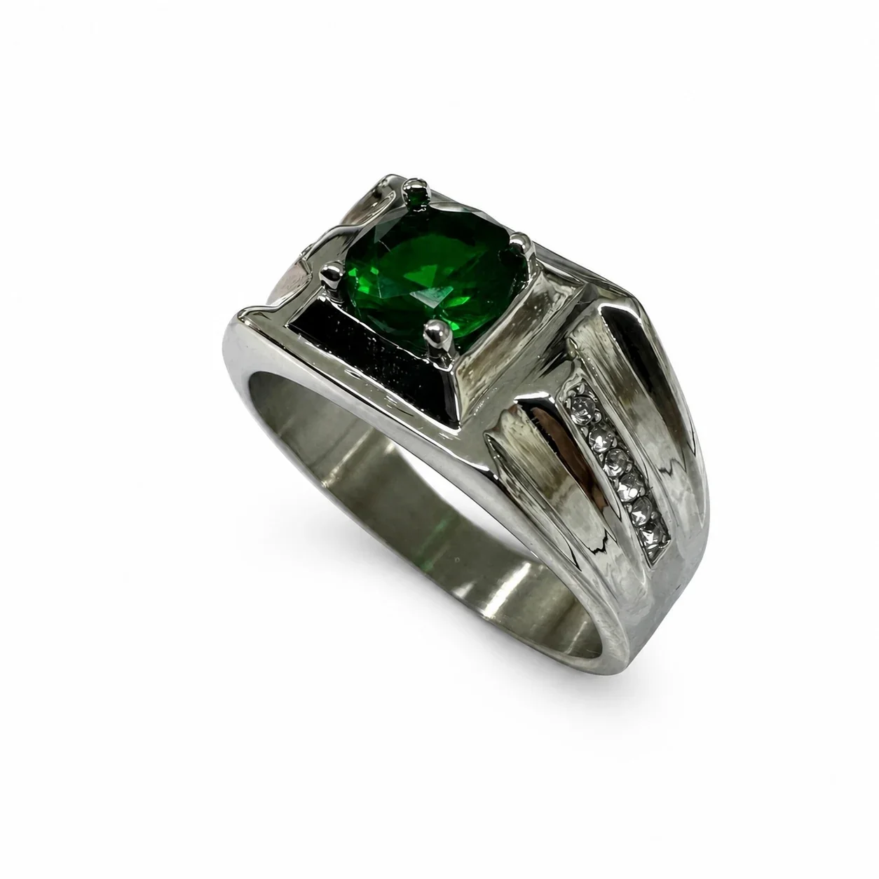 Bold 316 Stainless Steel Round-Cut Signet Ring - Green
