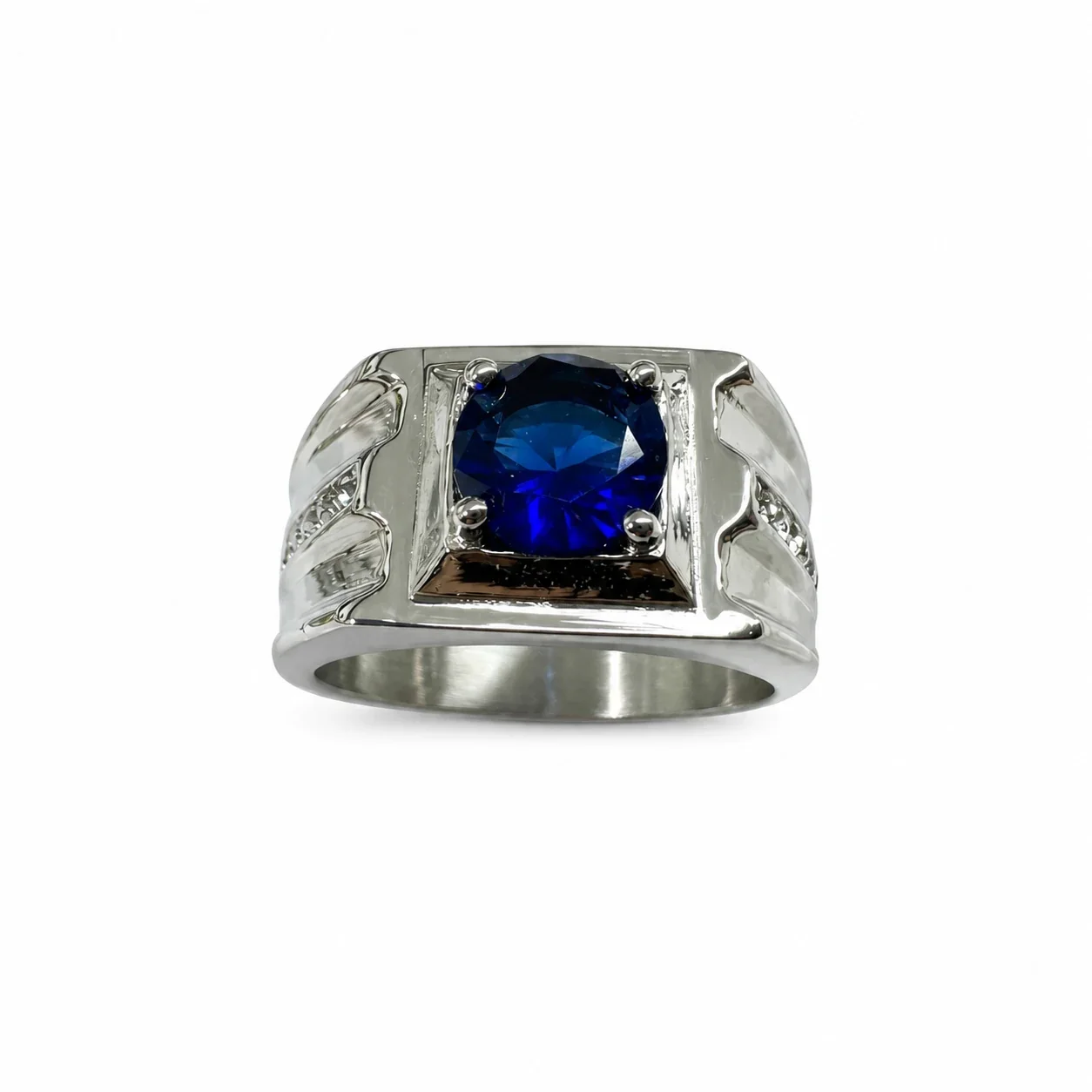 Bold 316 Stainless Steel Round-Cut Signet Ring - Blue