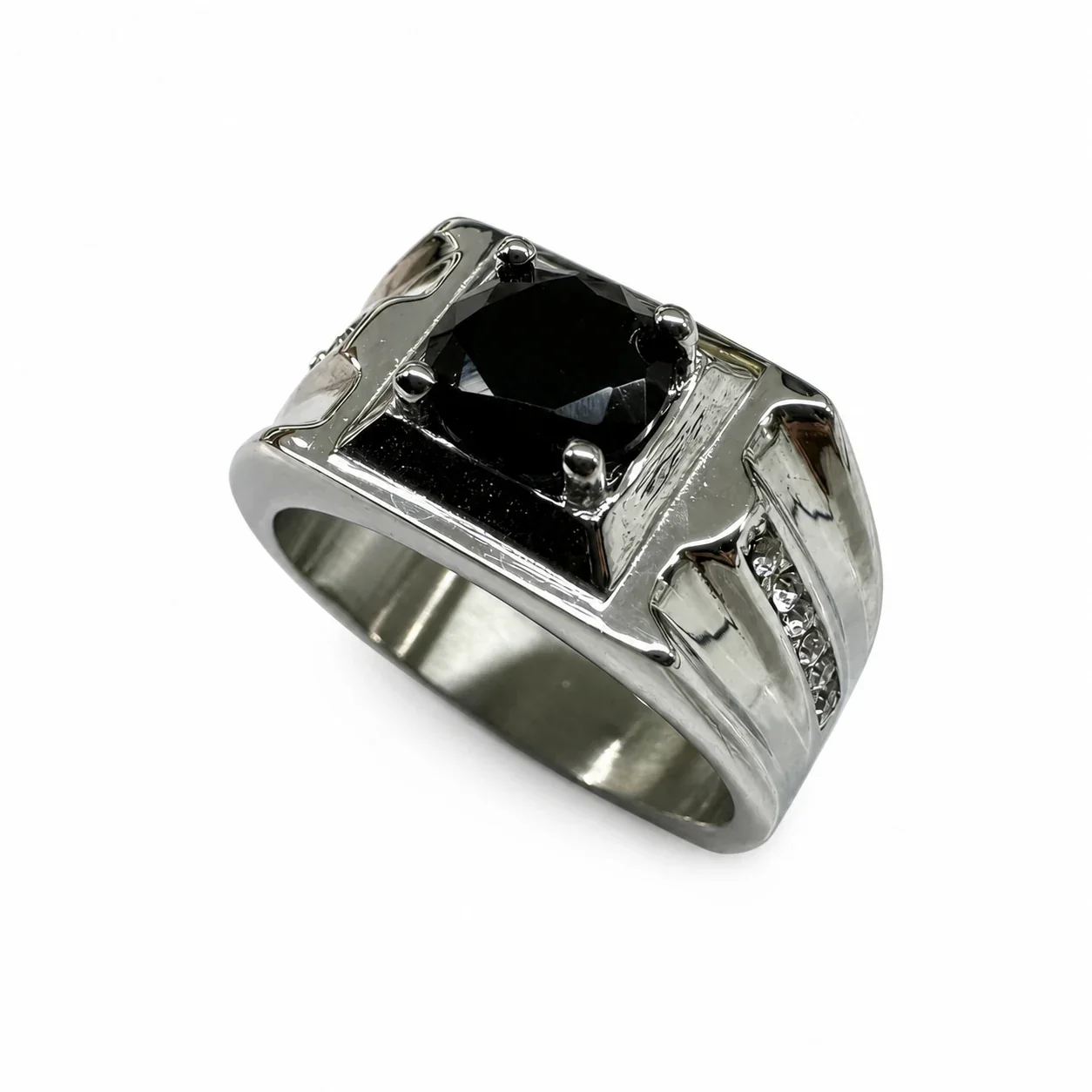 Bold 316 Stainless Steel Round-Cut Signet Ring - Black