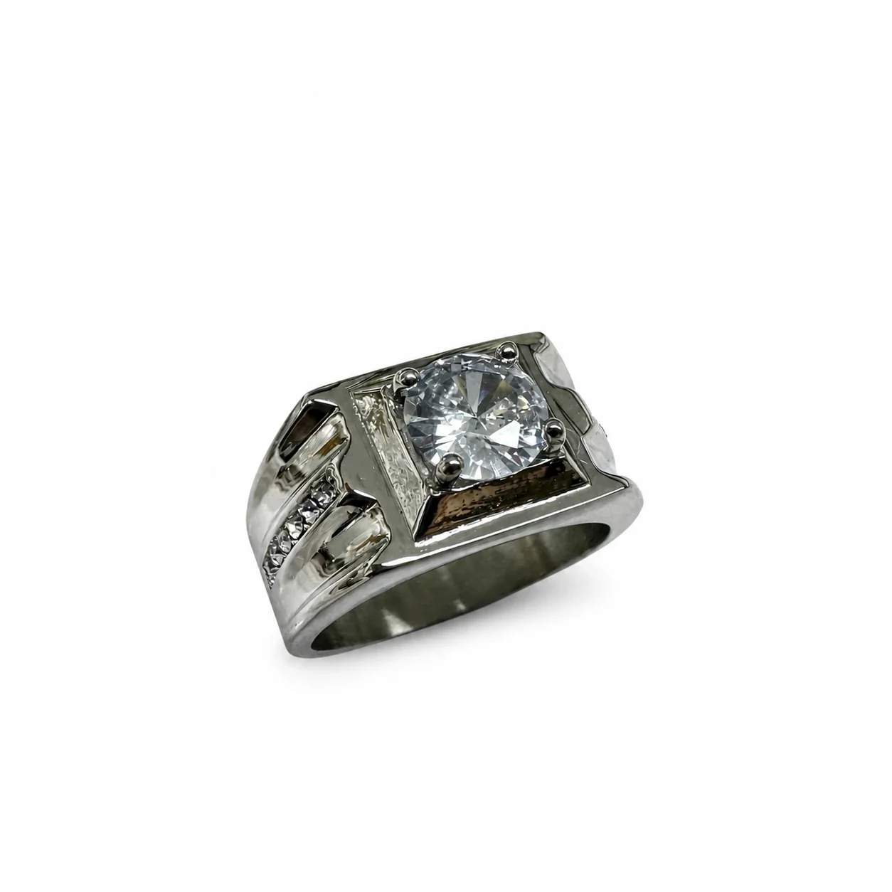 Bold 316 Stainless Steel Round-Cut Signet Ring - Clear