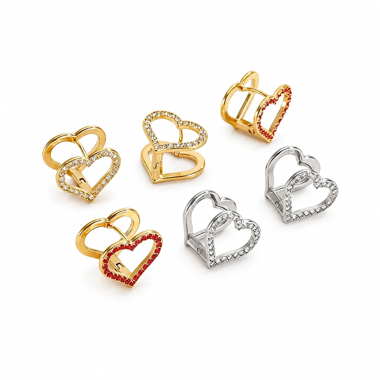 Heart Huggie Earrings with Crystal Outline, Stainless Steel
