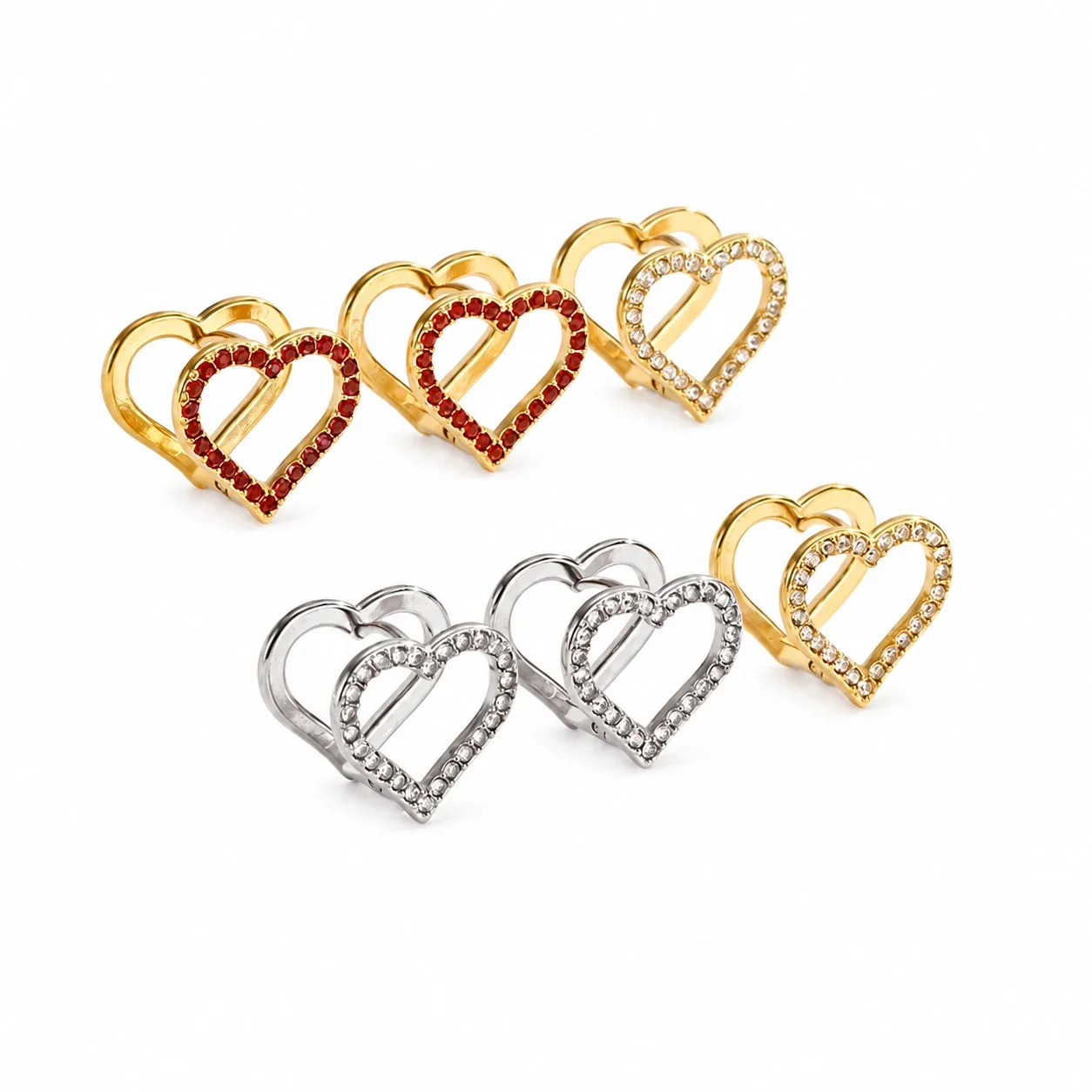 Heart Huggie Earrings with Crystal Outline, Stainless Steel