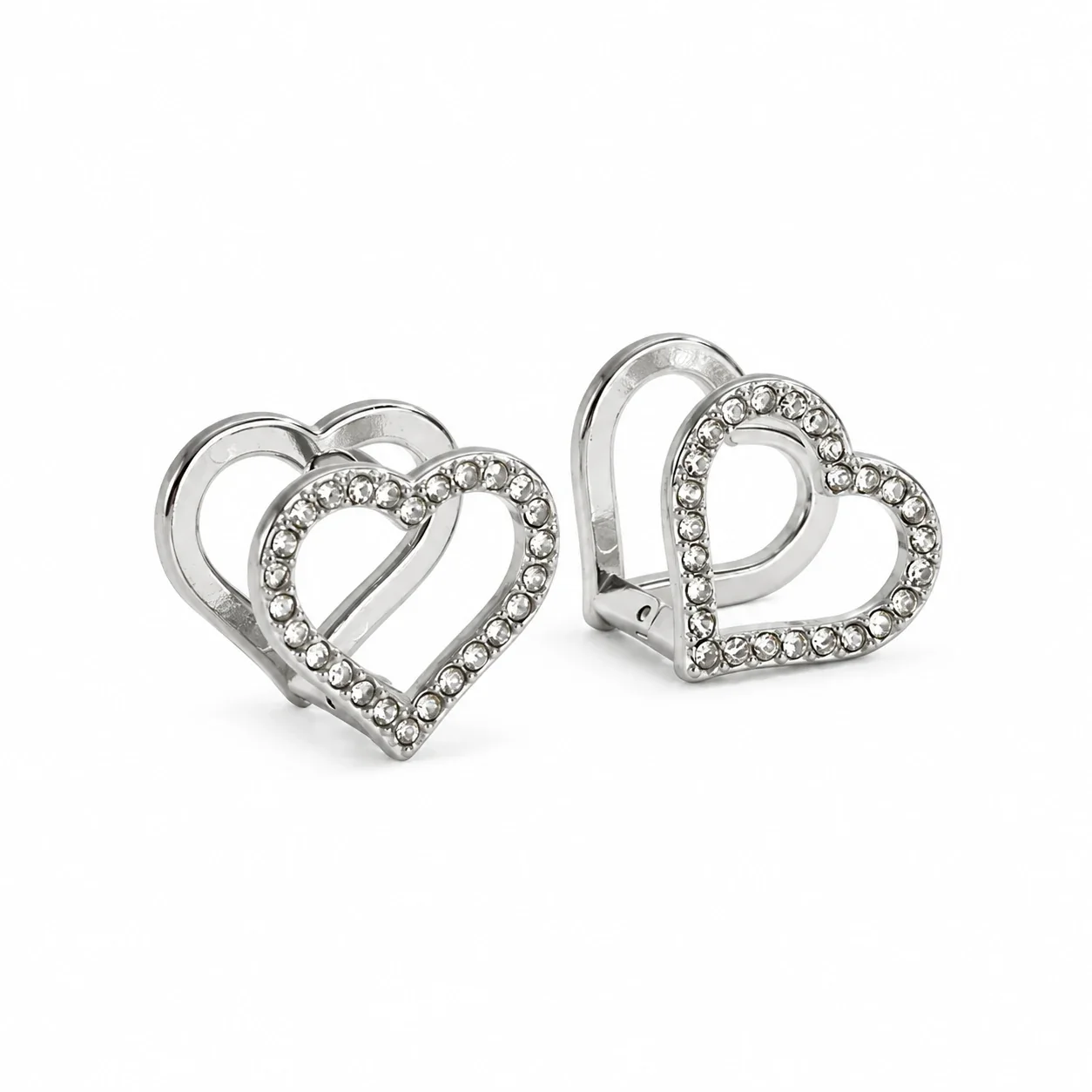 Heart Huggie Earrings with Crystal Outline, Stainless Steel - Silver Clear Crystal